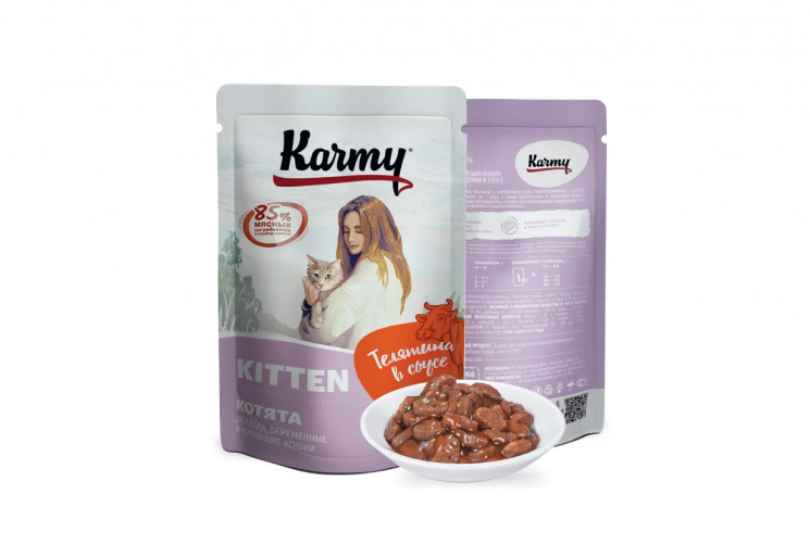 Karmy Kitten полнорационный пауч для котят в возрасте до 1 года, беременных и кормящих кошек с Телятиной в соусе, 80 гр