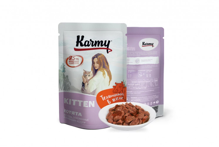 Karmy Kitten полнорационный пауч для котят в возрасте до 1 года, беременных и кормящих кошек с Телятиной в желе, 80 гр