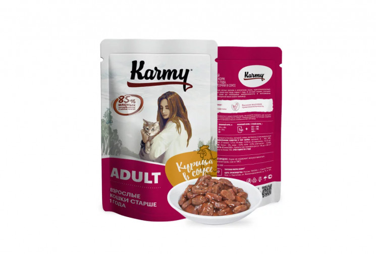 Karmy Adult полнорационный пауч для взрослых кошек с Курицей в соусе, 80 гр