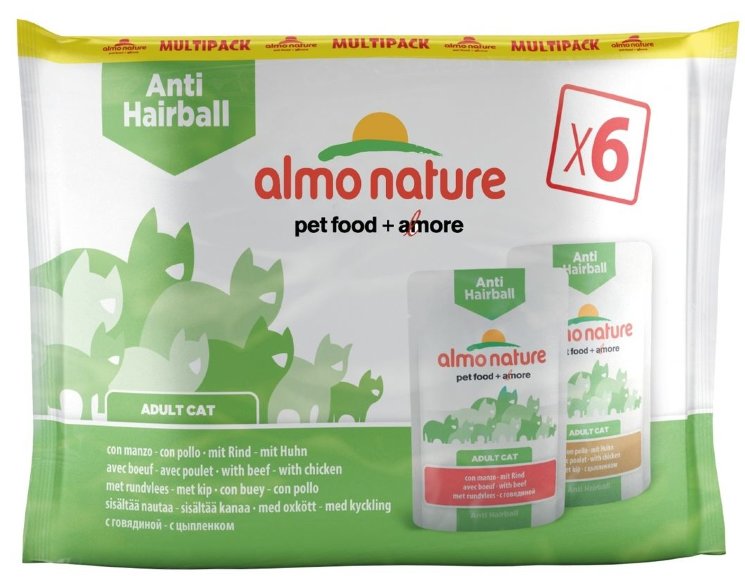 Almo Nature НАБОР паучей "ГОВЯДИНА и КУРИЦА" для ВЫВОДА ШЕРСТИ, для кошек (PFC daily functional cats multi anti-hairball), 6 шт.