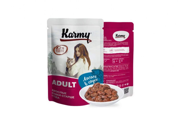 Karmy Adult полнорационный пауч для взрослых кошек с Лососем в соусе, 80 гр
