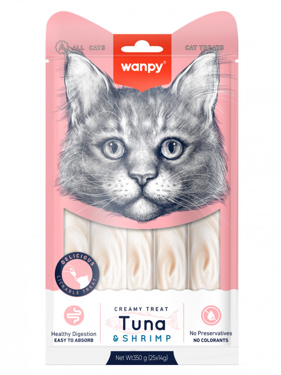 Wanpy Cat Лакомство для кошек "нежное пюре" из тунца и креветками 25 шт х14 г