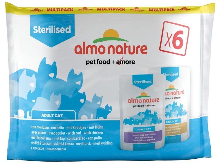 Паучи Almo Nature "ТРЕСКА и КУРИЦА", для кастрированных котов и кошек (PFC daily functional cats multi sterilised), 6 шт.
