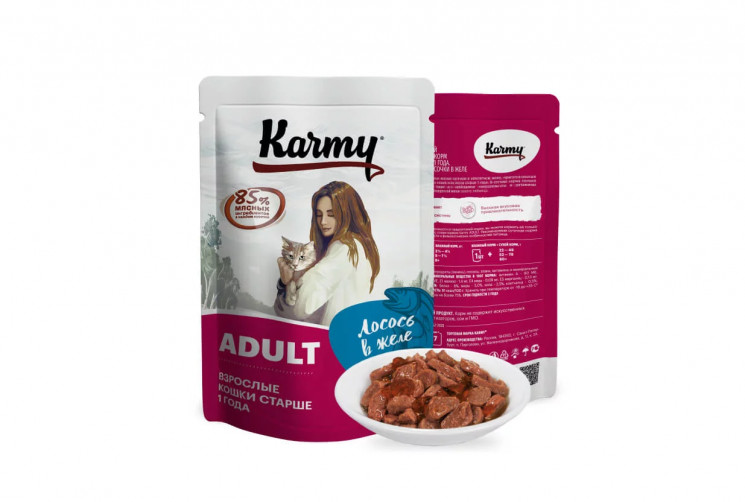 Karmy Adult полнорационный пауч для взрослых кошек с Лососем в желе, 80 гр