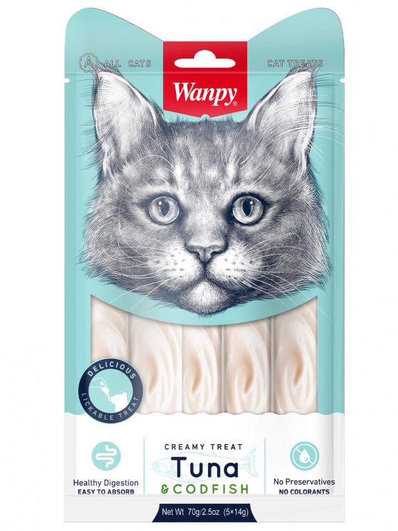 Wanpy Лакомство «нежное пюре» из тунца и трески, для кошек, 70 г