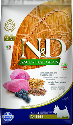 Farmina N&D Ancestral Grain Adult Mini сухой корм для Взрослых собак Мелких пород с Ягненком, Спельтой, Овсом и Черникой