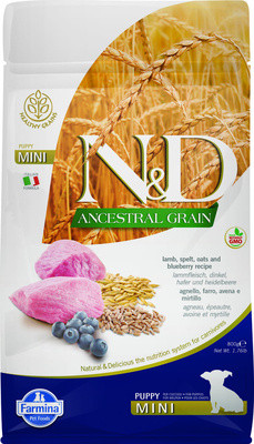 Farmina N&D Ancestral Grain Puppy Mini сухой корм для Щенков Мелких пород с Ягненком, Спельтой, Овсом и Черникой