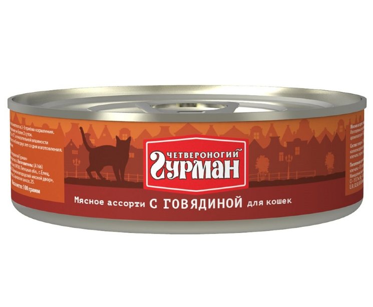 Четвероногий гурман Консервы "Мясное ассорти с ГОВЯДИНОЙ" для кошек, 100 гр