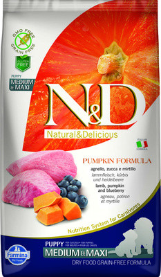 Farmina N&D PUMPKIN LINE сухой Беззерновой корм для Щенков Всех пород, Ягненок с Черникой и Тыквой