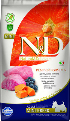 Farmina N&D PUMPKIN Adult Mini сухой Беззерновой корм для Взрослых собак Мелких пород с Ягненком, Тыквой и Черникой