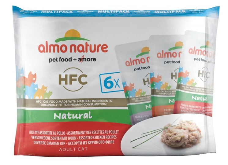 Паучи Almo Nature "Ассорти с курицей", для кошек (Assorted chicken recipes with:shrimps, fillet, whitebait), 6*55 гр