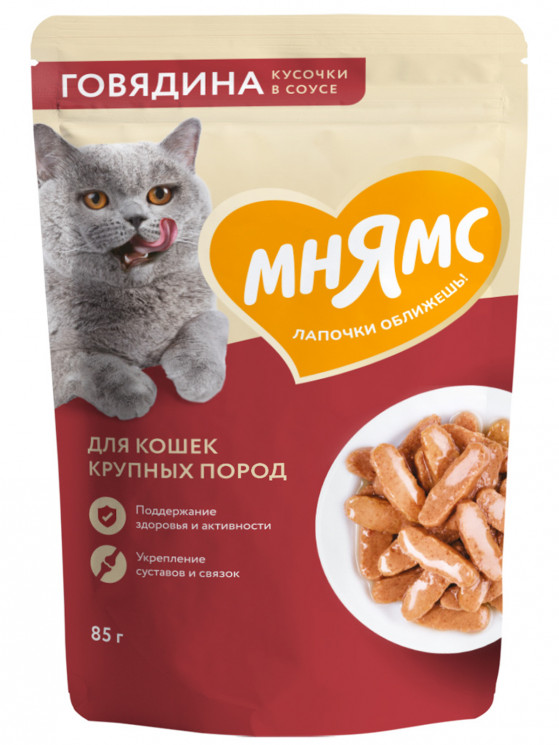 Влажный корм Мнямс Кусочки в соусе с говядиной для крупных кошек  85г