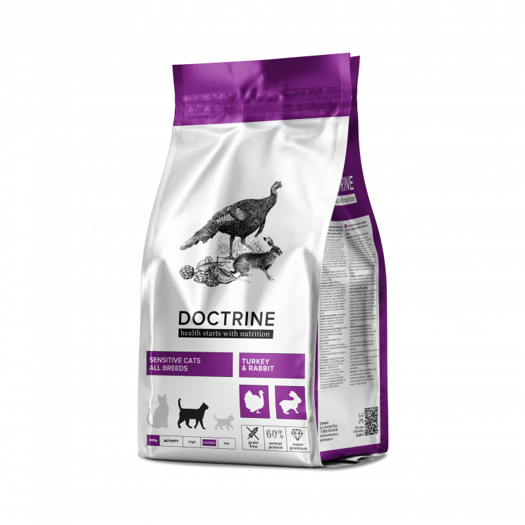 Сухой беззерновой корм DOCTRINE для кошек и котов с чувствительным пищеварением с индейкой и кроликом