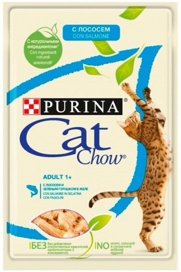 Cat Chow Паучи "Кусочки в желе с ЛОСОСЕМ и зеленым ГОРОШКОМ", для кошек, 85 гр