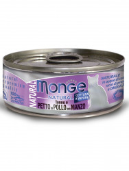 Влажный корм Monge Cat Natural для кошек, из тунца с курицей и говядиной, консервы 80 г