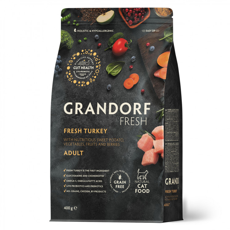 Сухой БЕЗЗЕРНОВОЙ корм Grandorf Fresch с ИНДЕЙКОЙ и Бататом для ВЗРОСЛЫХ КОШЕК (Cat ADULT Turkey&Sweet Potato)