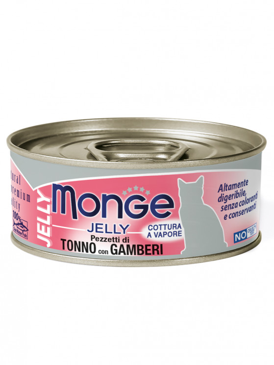 Влажный корм Monge jelly Adult cat для взрослых кошек с желтоперым тунцом и креветками, консервы 80 г