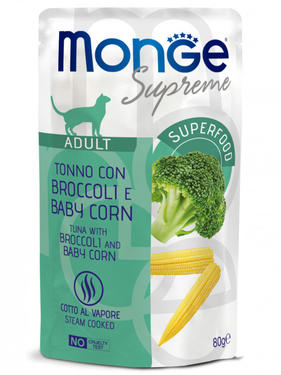 Влажный корм Monge Supreme Adult cat для взрослых кошек с брокколи и мини-кукурузой, паучи 80 г