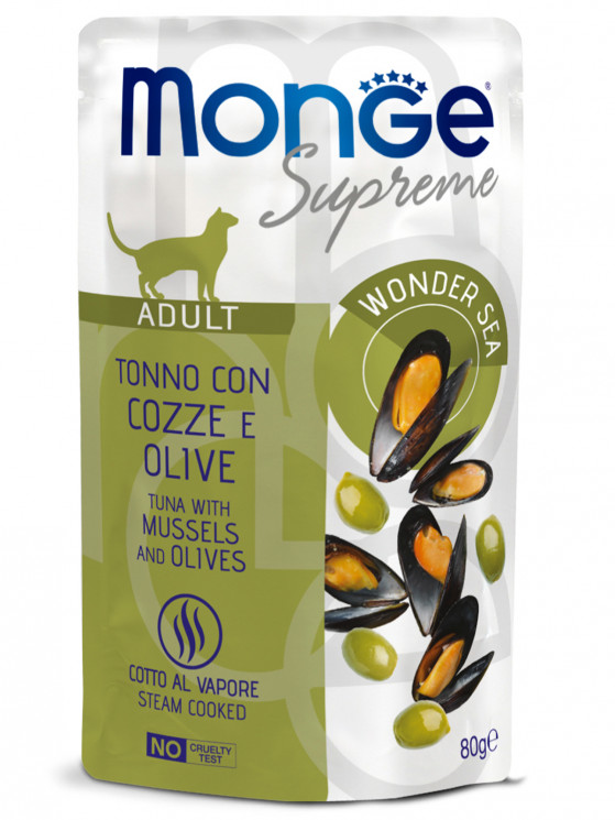 Влажный корм Monge Supreme Adult cat для взрослых кошек с мидиями и оливками, паучи 80 г