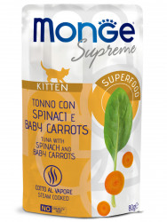 Влажный корм Monge Supreme kitten для котят из тунца со шпинатом и мини-морковью, паучи 80 г