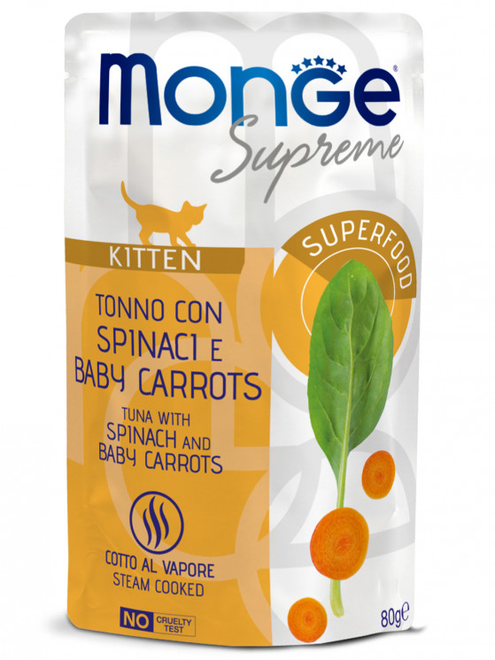 Влажный корм Monge Supreme kitten для котят из тунца со шпинатом и мини-морковью, паучи 80 г