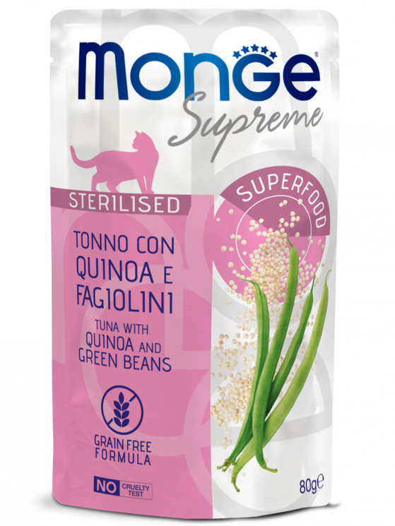 Влажный корм Monge Supreme sterilized cat для стерилизованных кошек из тунца с киноа и зелёной фасолью, паучи 80 г