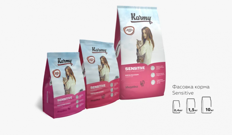 Karmy Sensitive Полнорационный сухой корм для взрослых кошек старше 1 года с чувствительным пищеварением с Индейкой