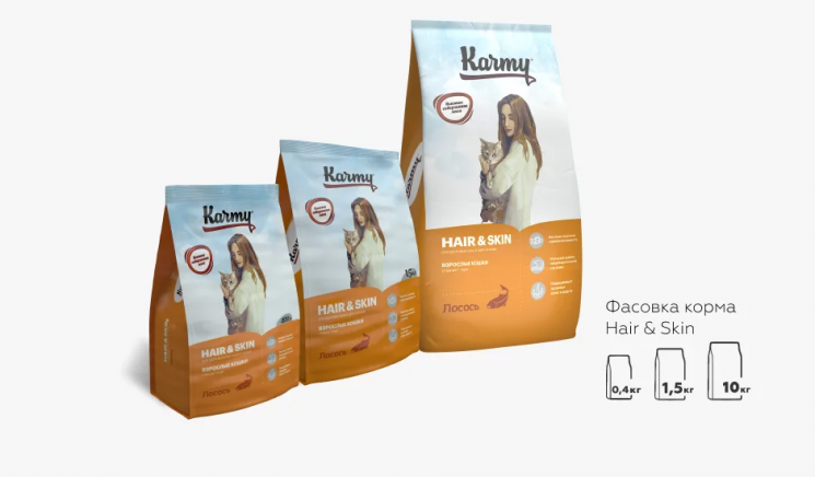 Karmy Hair&Skin Полнорационный сухой корм для взрослых кошек старше 1 года, поддерживающий здоровье кожи и шерсти с Лососем
