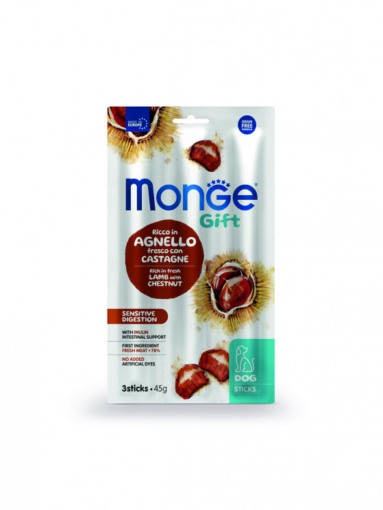 Лакомство Monge Gift Sensitive digestion для собак всех пород "Мягкие палочки" со свежим ягненком, каштаном и инулином для чувствительного пищеварения, 45 гр