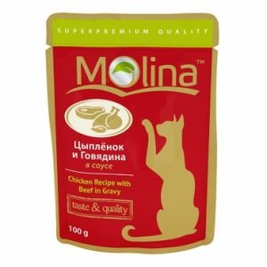 Molina Паучи с ЦЫПЛЕНКОМ и ГОВЯДИНОЙ в соусе для кошек, 100 гр