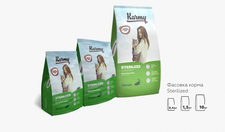 Karmy Sterilized Полнорационный сухой корм для стерилизованных кошек и кастрированных котов, старше 1 года с Лососем