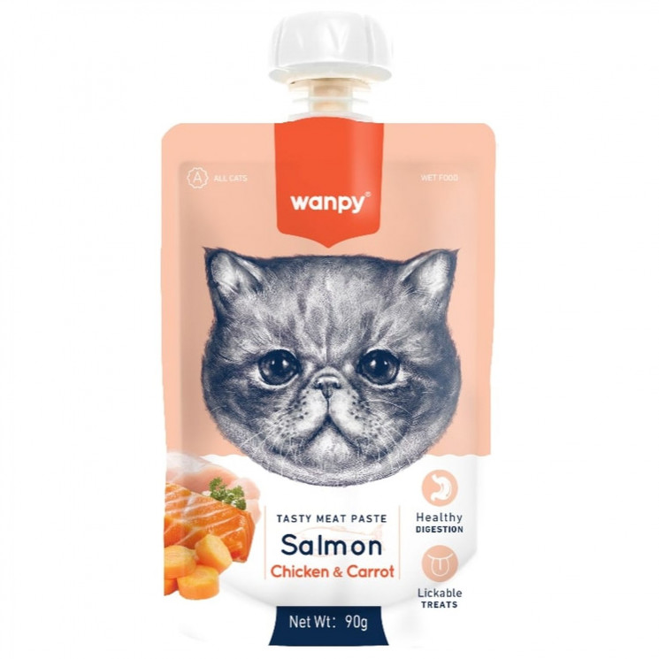 Лакомство для кошек Wanpy Cat Мясной мусс из лосося и курицы с морковью 90 гр