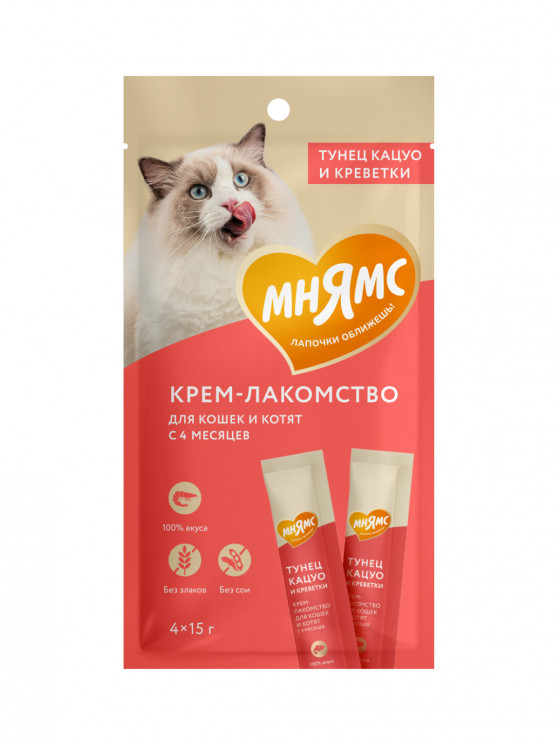 Крем-лакомство Мнямс для кошек  с тунцом Кацуо и креветками 15 г х 4 шт.