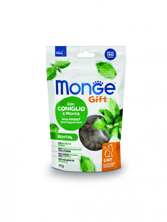 Лакомство Monge Gift Dental для кошек "Хрустящие подушечки с начинкой" с кроликом и перечной мятой для чистки зубов, 60 гр